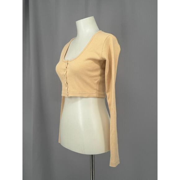 Meshki Cropped Shirt Womens Small Scoop Neck Long Sleeve Slim Top Button Y2K - Picture 2 of 7